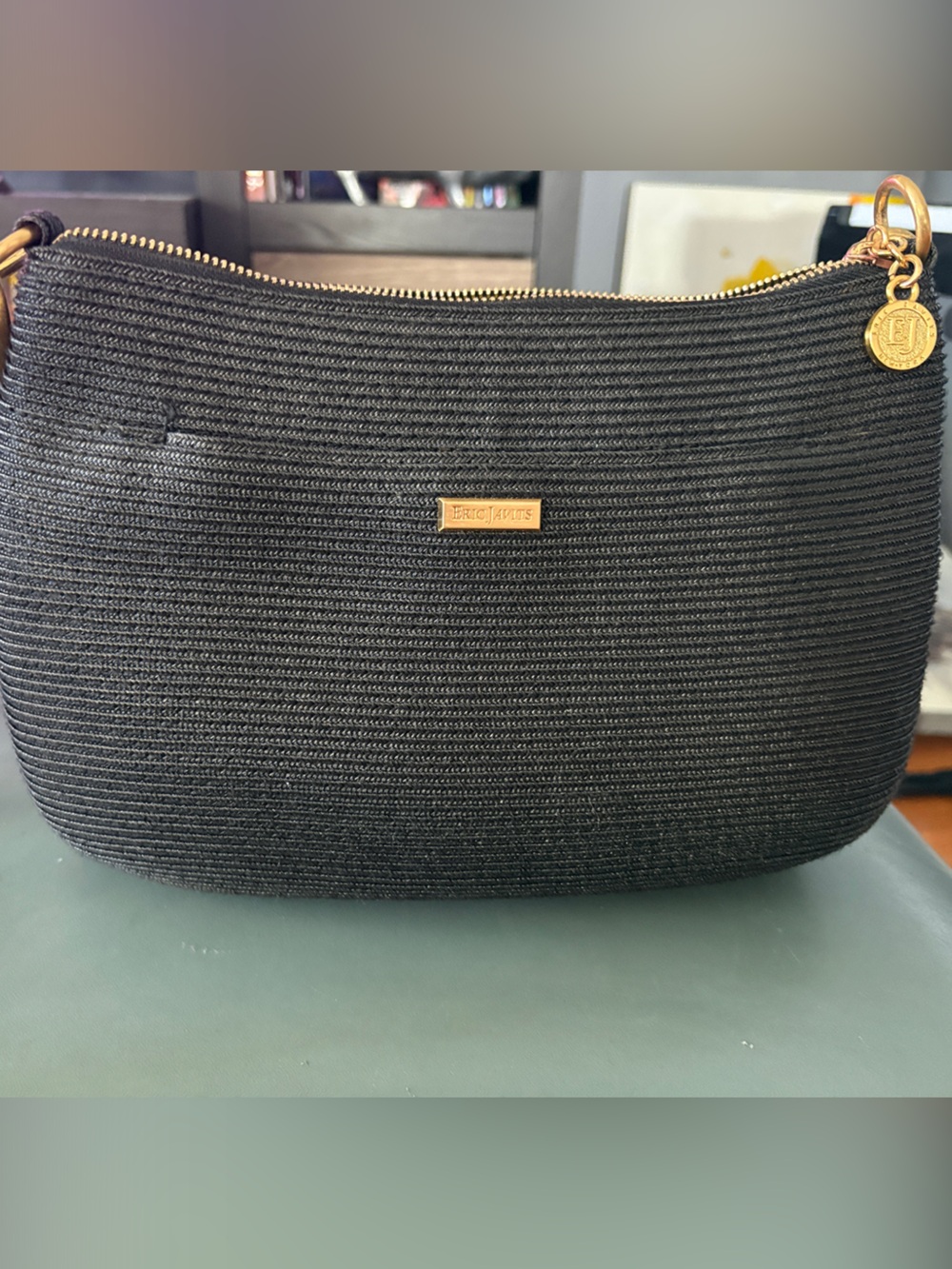 Eric Javits Black Straw Zip Pouch with Gold Hardware